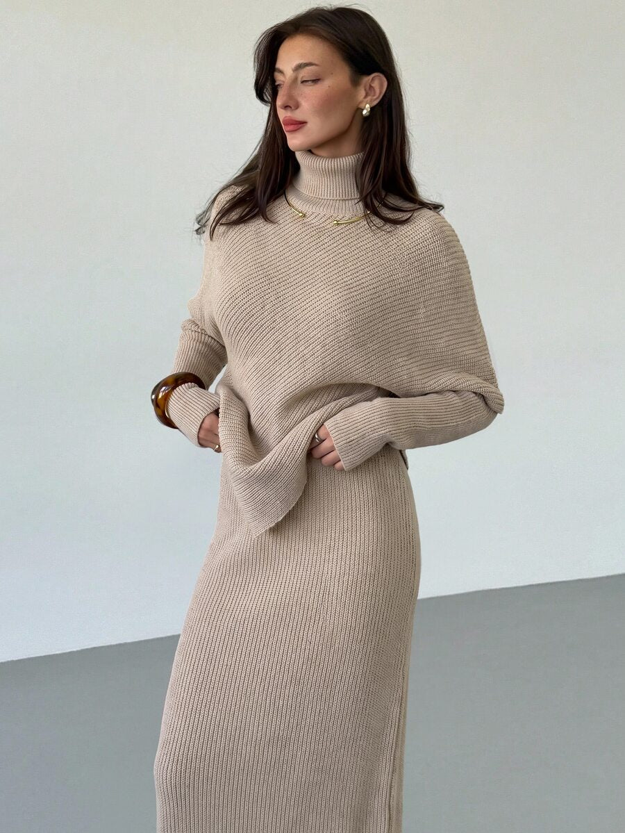 Ribbed Knit High Neck Sweater and Skirt Set