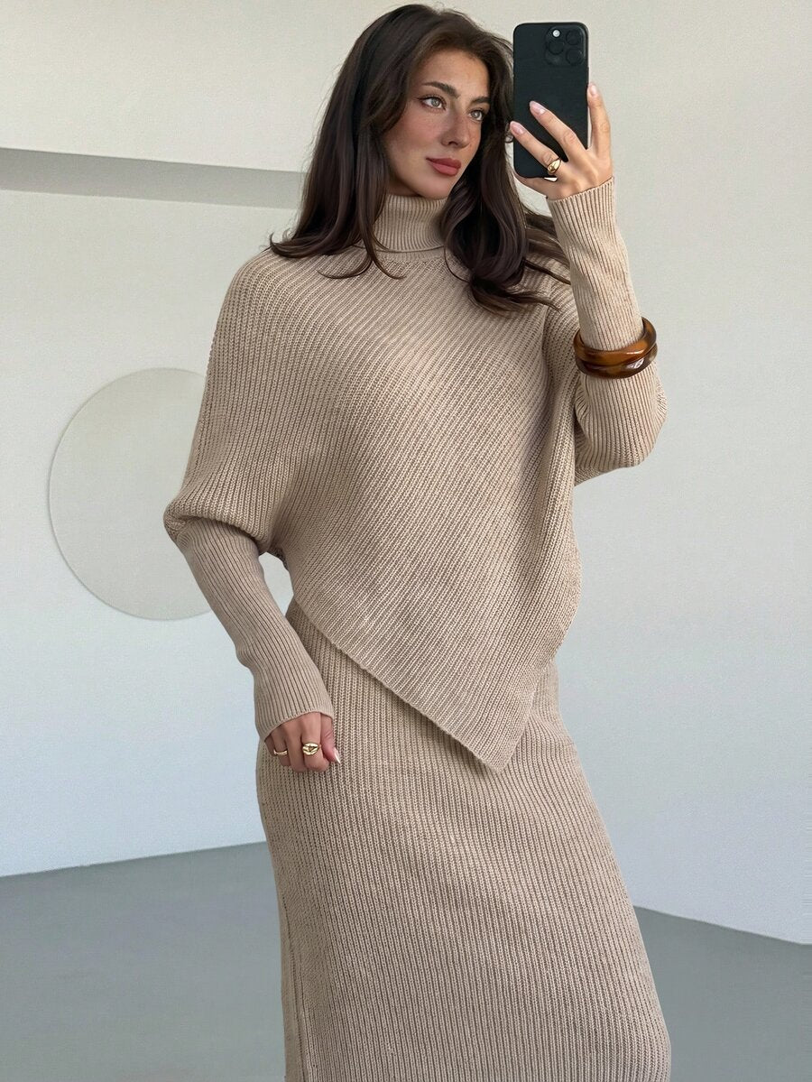 Ribbed Knit High Neck Sweater and Skirt Set