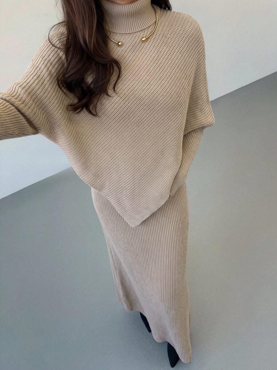 Ribbed Knit High Neck Sweater and Skirt Set