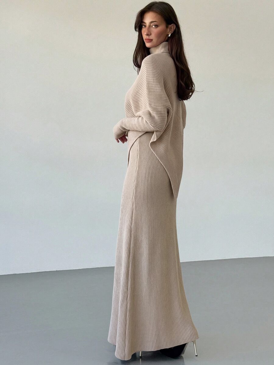 Ribbed Knit High Neck Sweater and Skirt Set