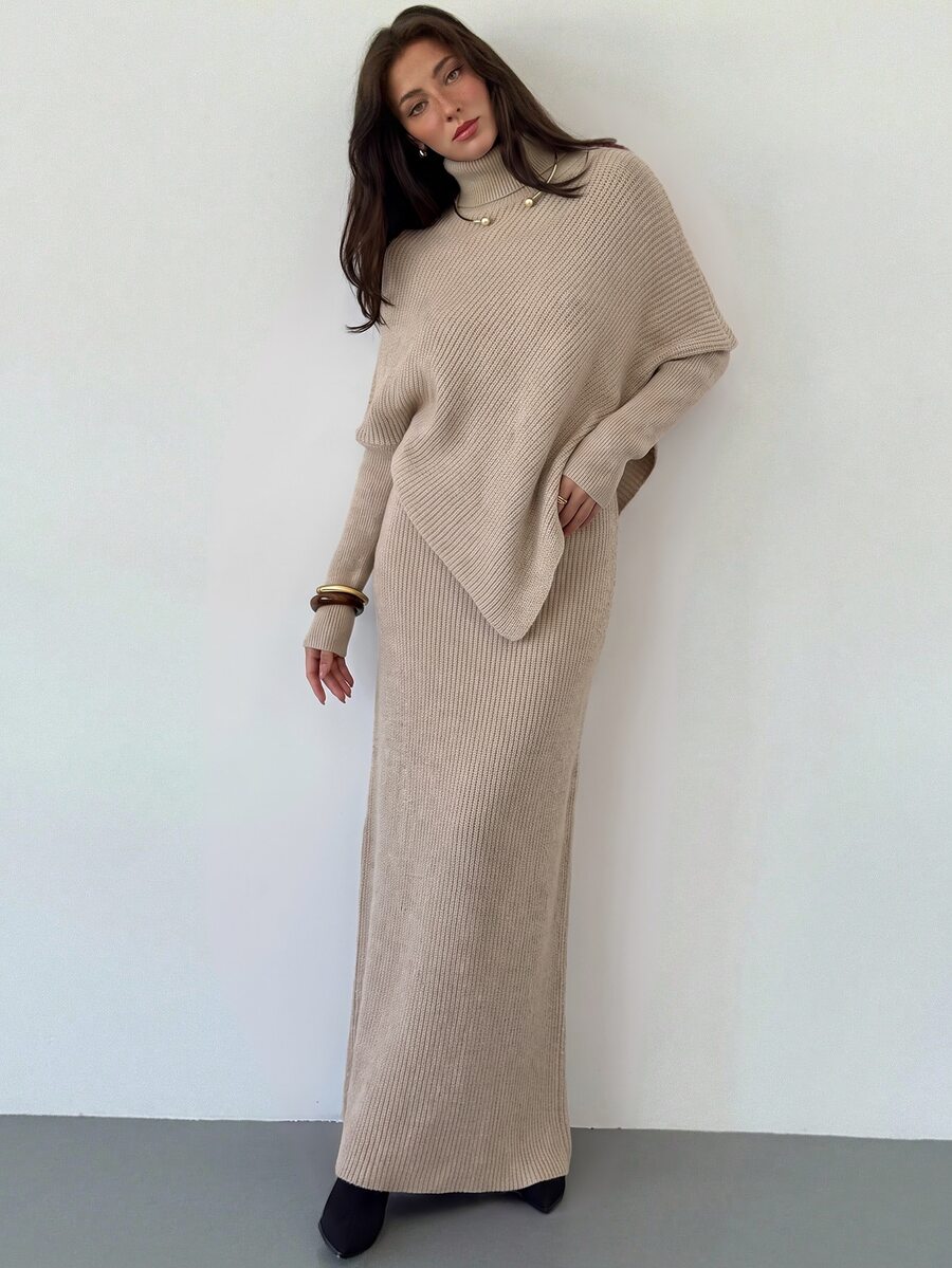 Ribbed Knit High Neck Sweater and Skirt Set