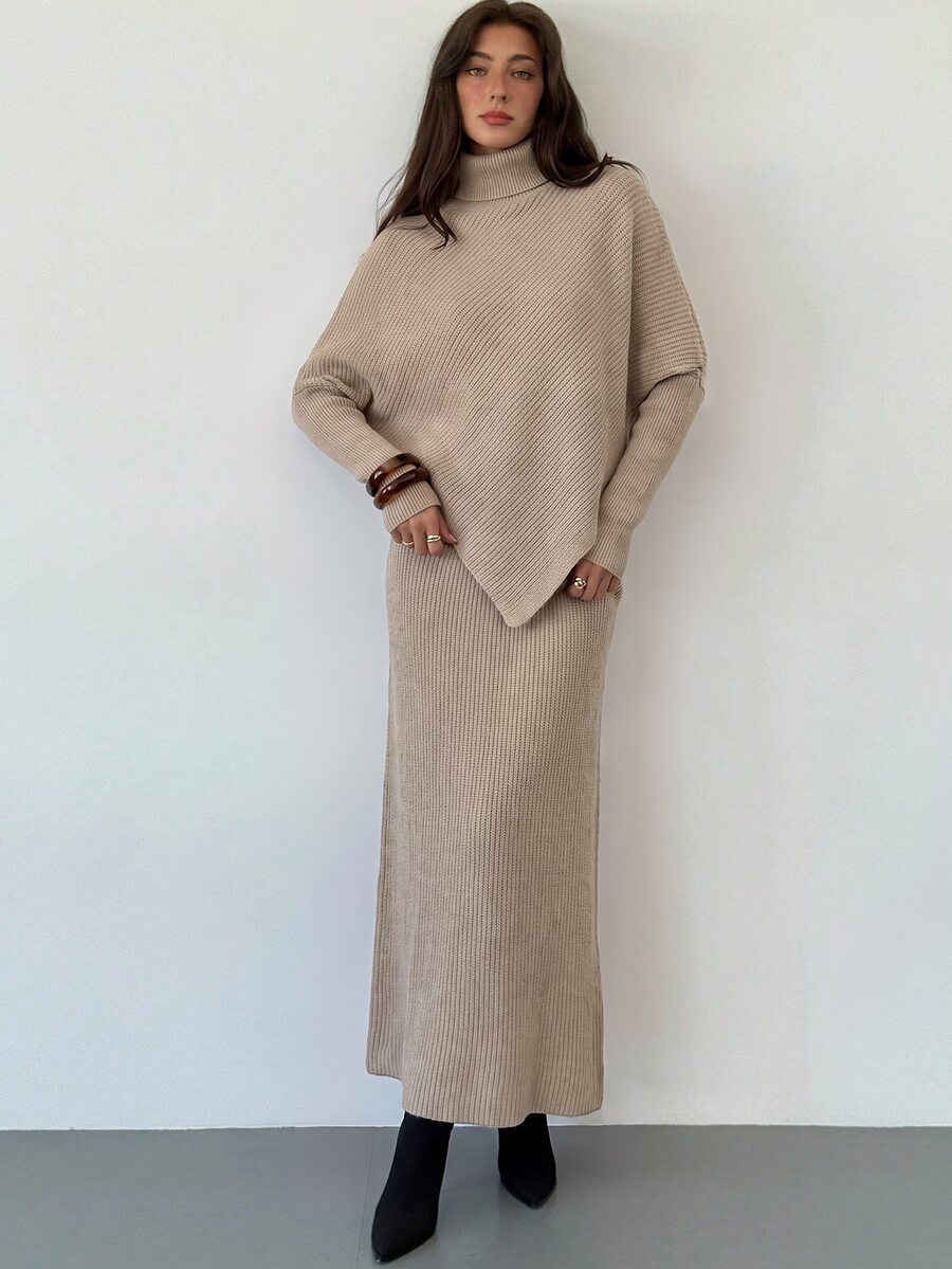 Ribbed Knit High Neck Sweater and Skirt Set