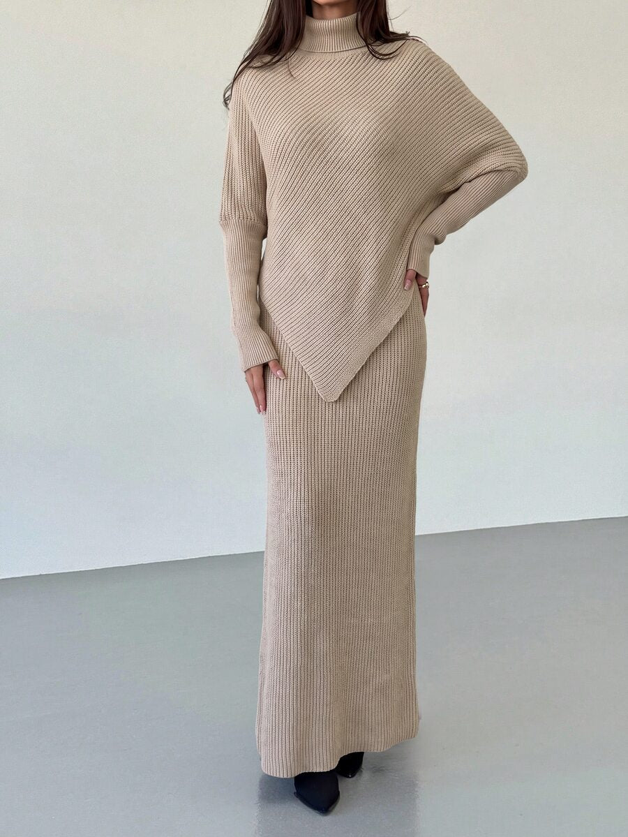 Ribbed Knit High Neck Sweater and Skirt Set