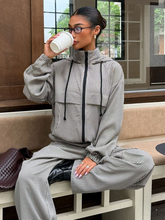 Plaid Hooded Zip Jacket and Pants Set