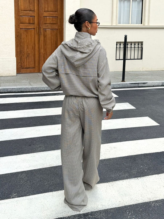 Plaid Hooded Zip Jacket and Pants Set