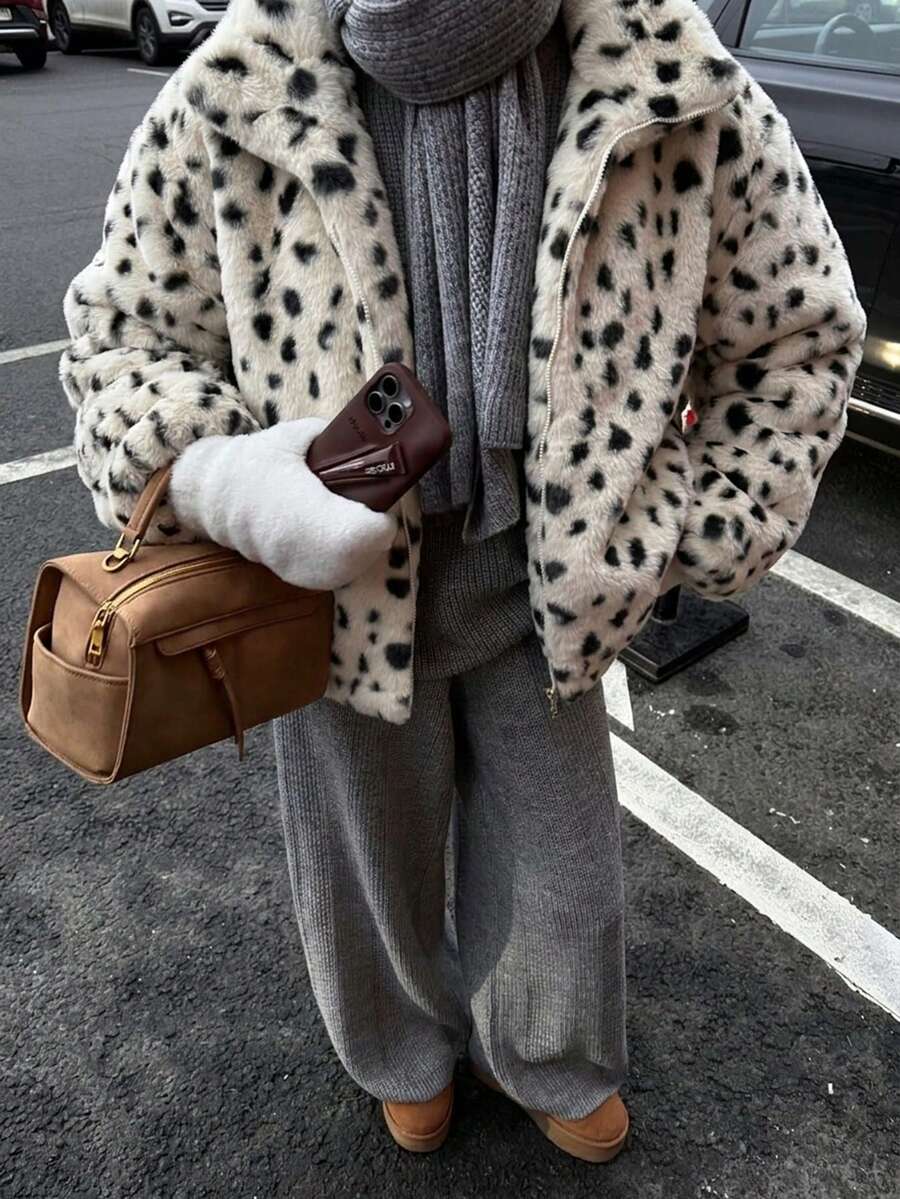 Leopard Print Faux Fur Zip Jacket