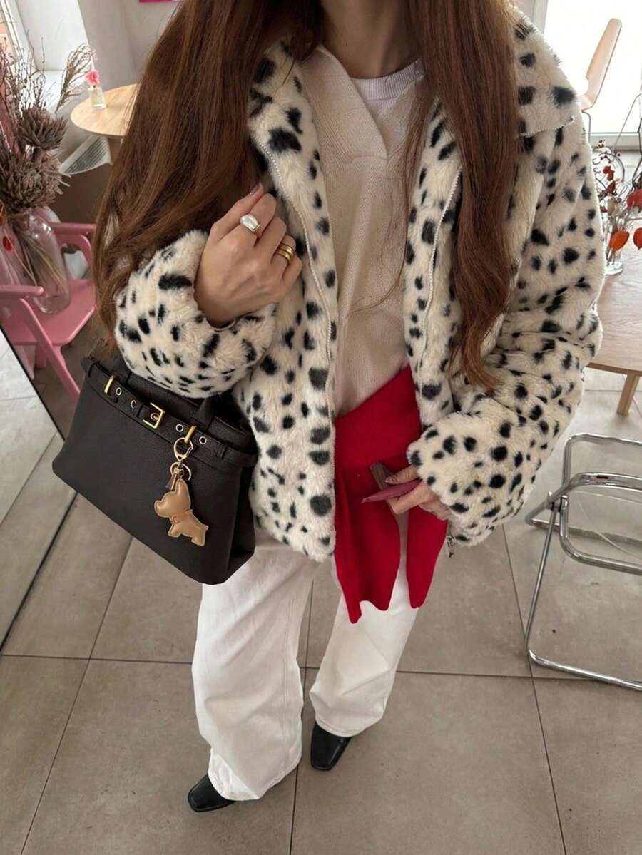 Leopard Print Faux Fur Zip Jacket