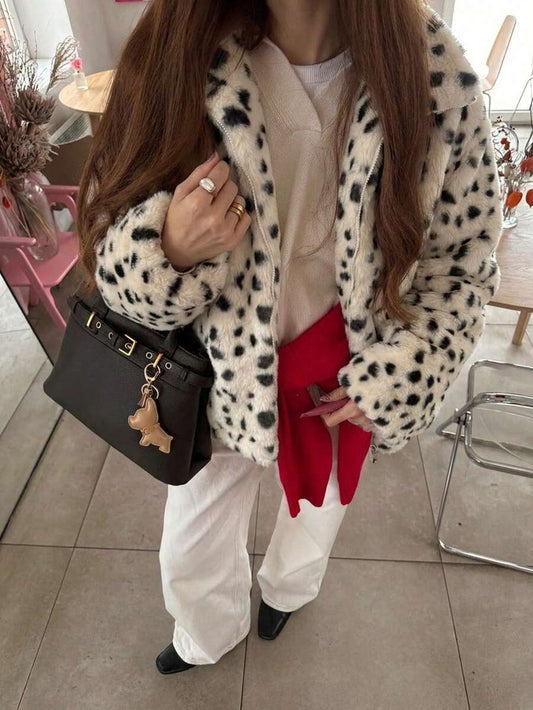 Leopard Print Faux Fur Zip Jacket