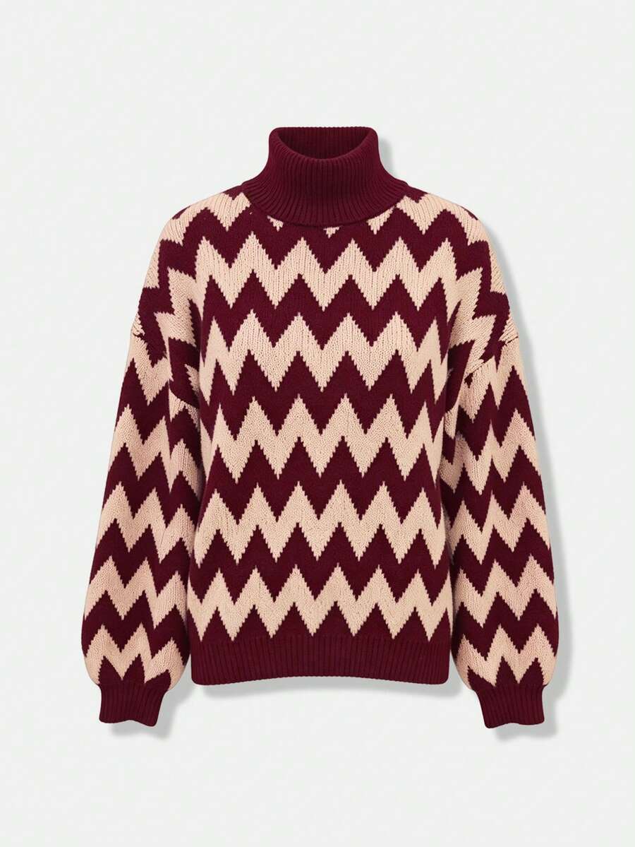 Striped High Neck Loose Knit Sweater