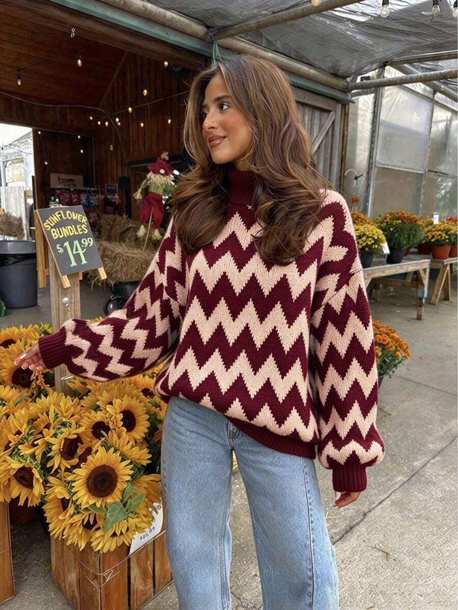 Striped High Neck Loose Knit Sweater