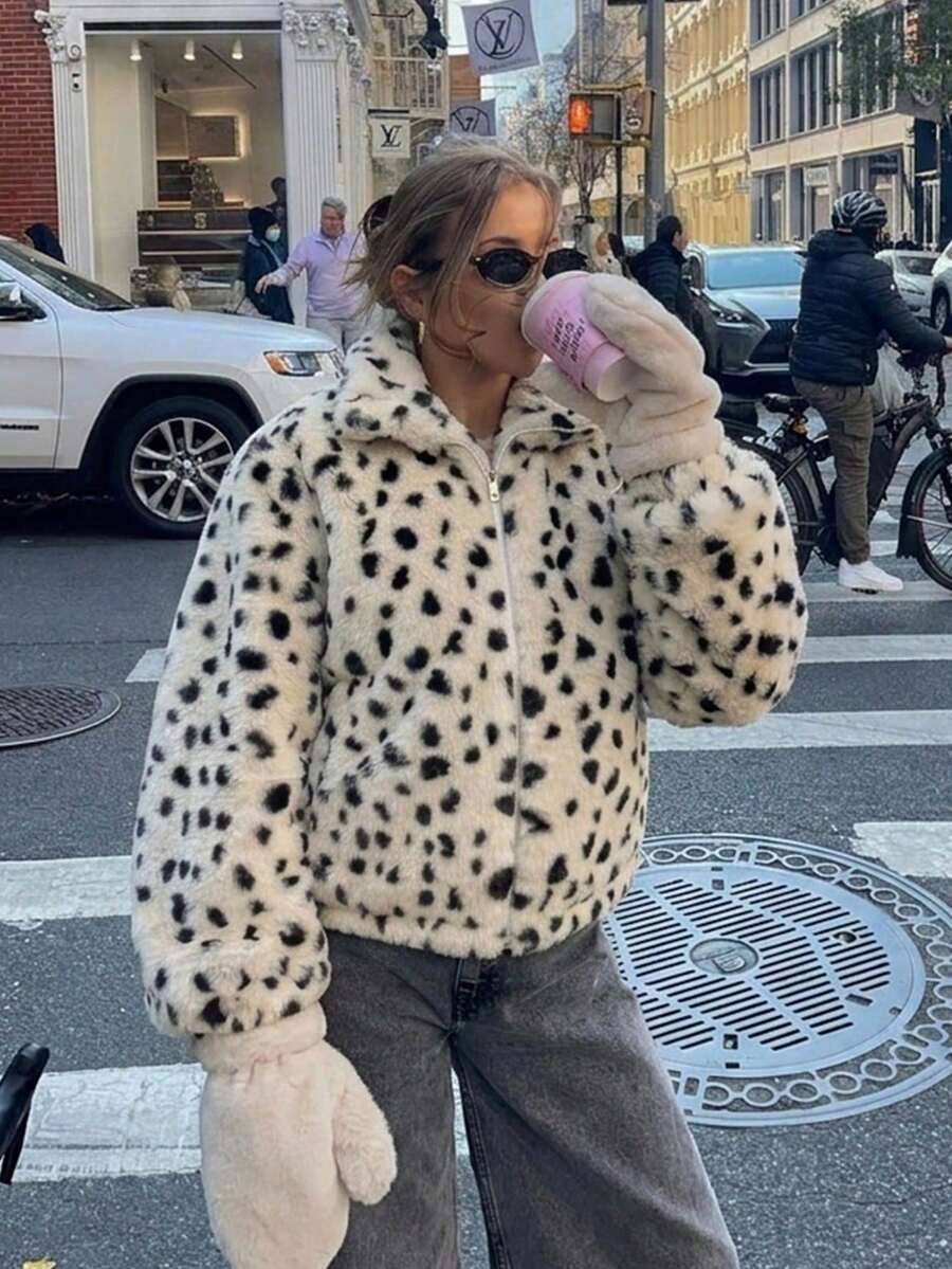 Leopard Print Faux Fur Zip Jacket