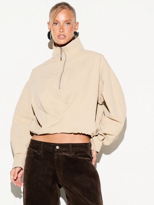 Cropped Half Zip Jacket with Stand Collar
