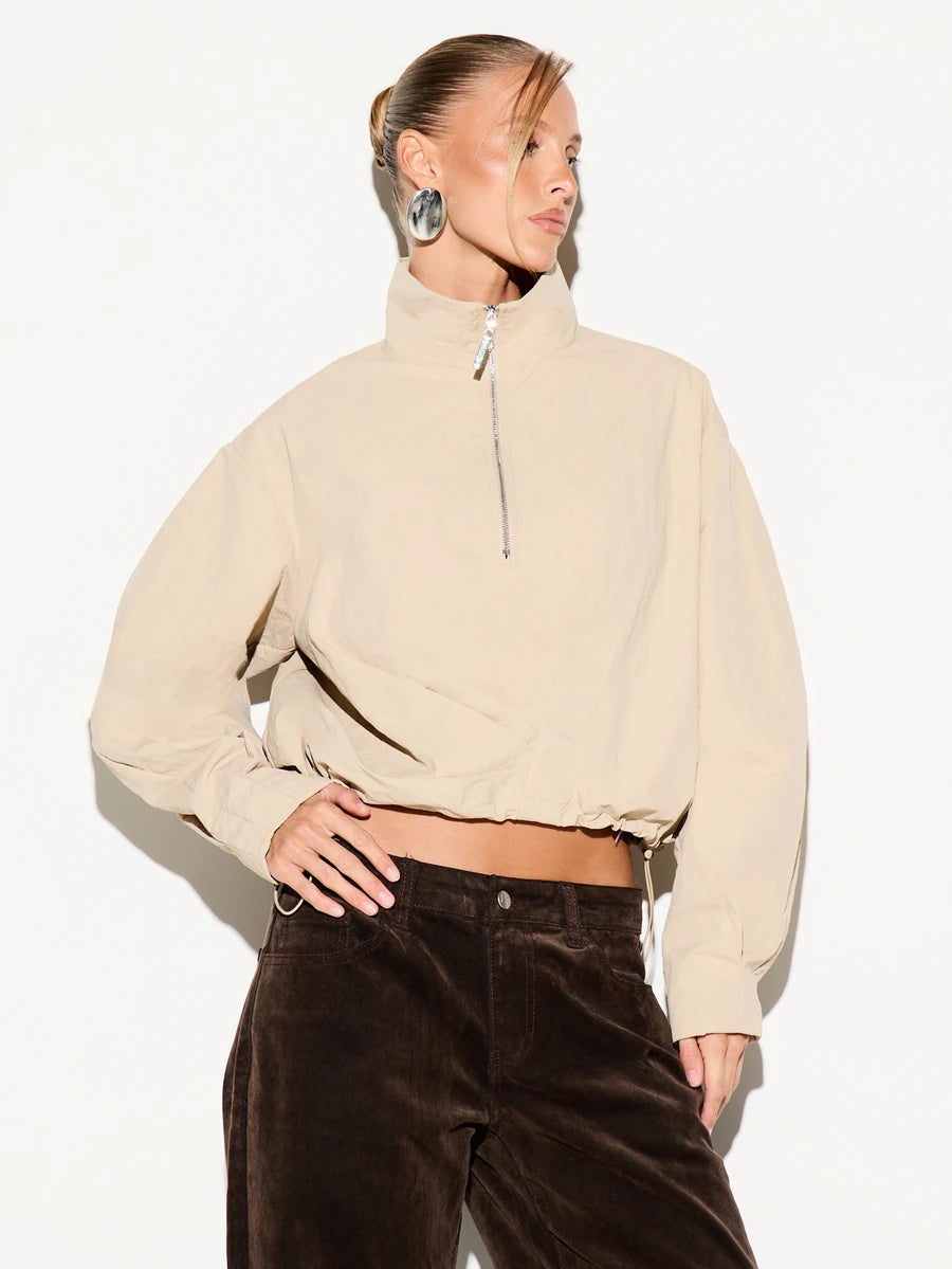 Cropped Half Zip Jacket with Stand Collar
