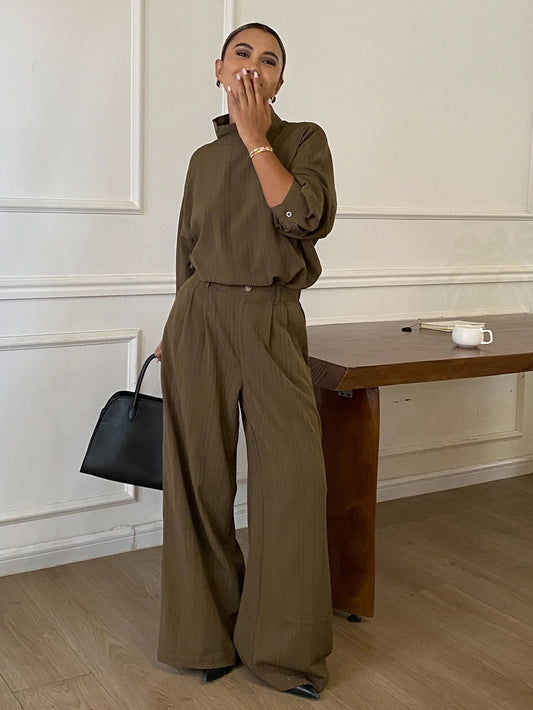 Funnel Neck Cinched Waist Top and Wide Leg Pants Set