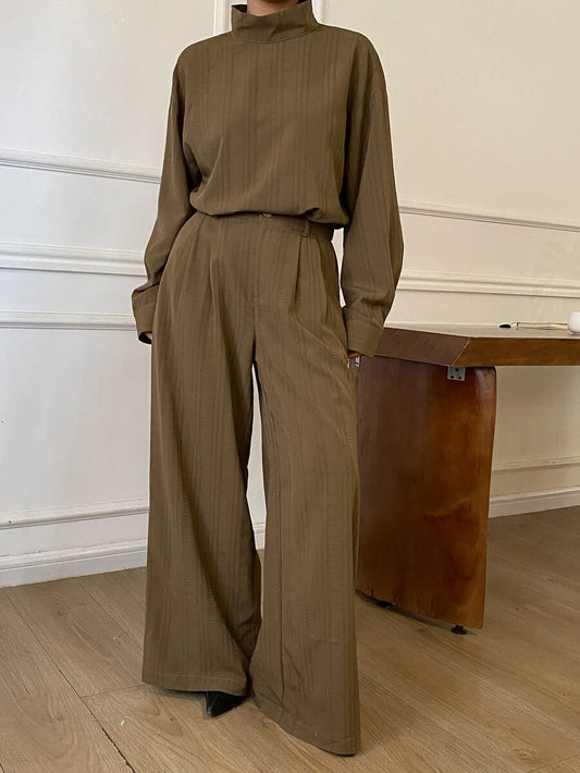 Funnel Neck Cinched Waist Top and Wide Leg Pants Set