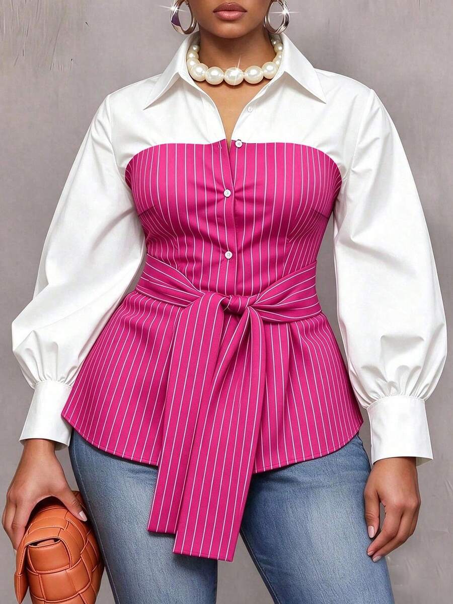 Plus Size Striped Colorblock Tie Waist Shirt