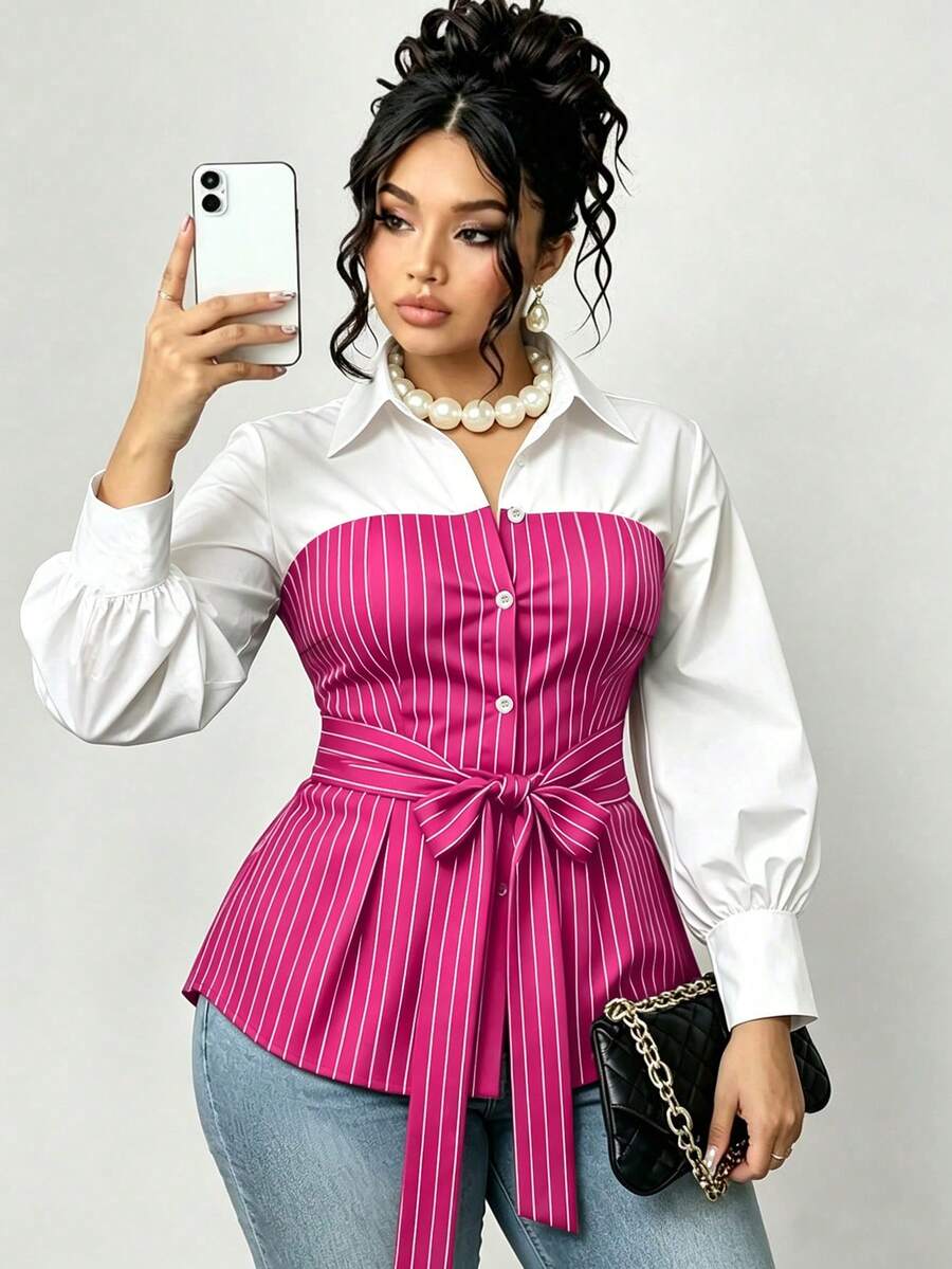 Plus Size Striped Colorblock Tie Waist Shirt