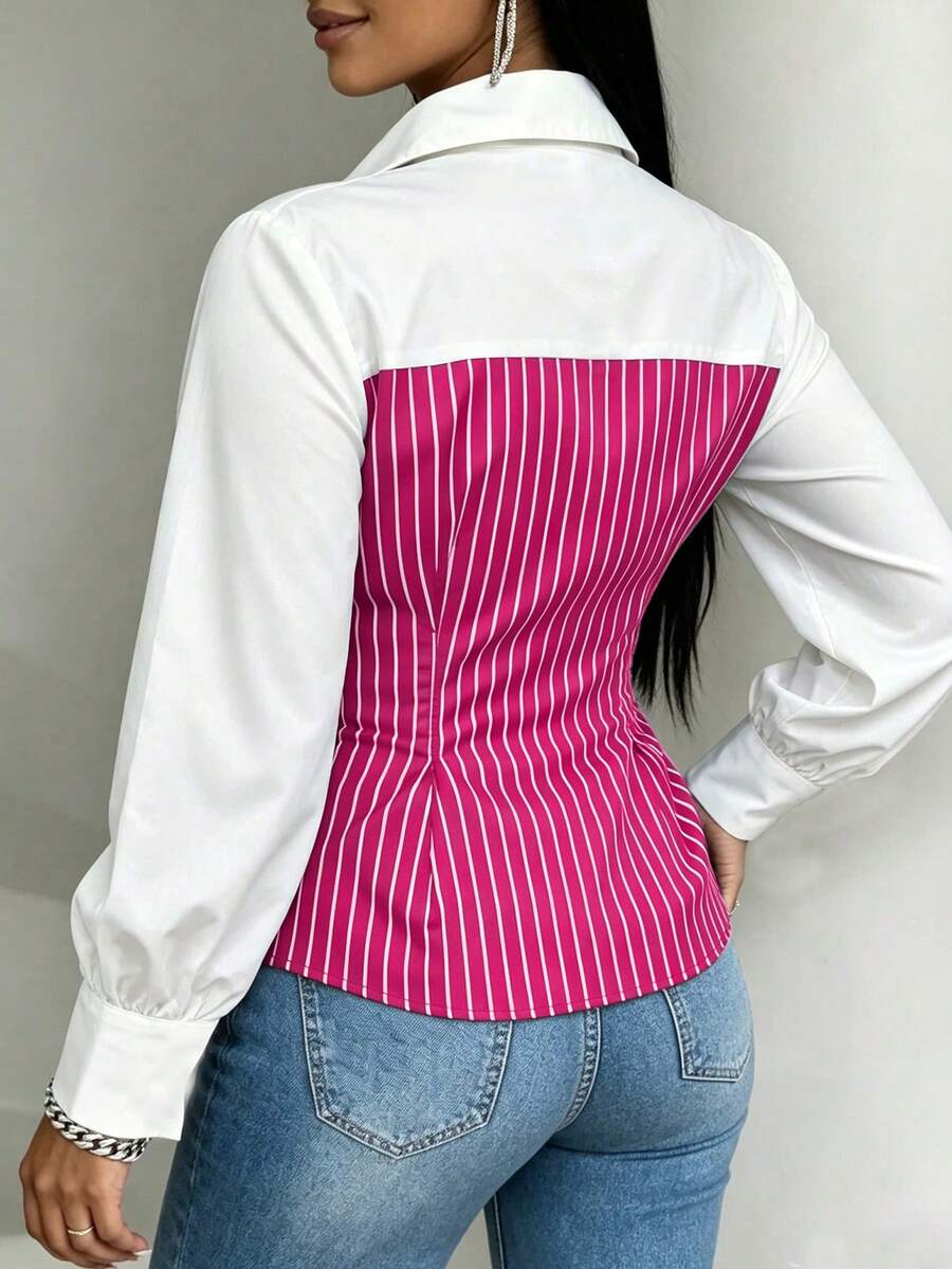 Plus Size Striped Colorblock Tie Waist Shirt