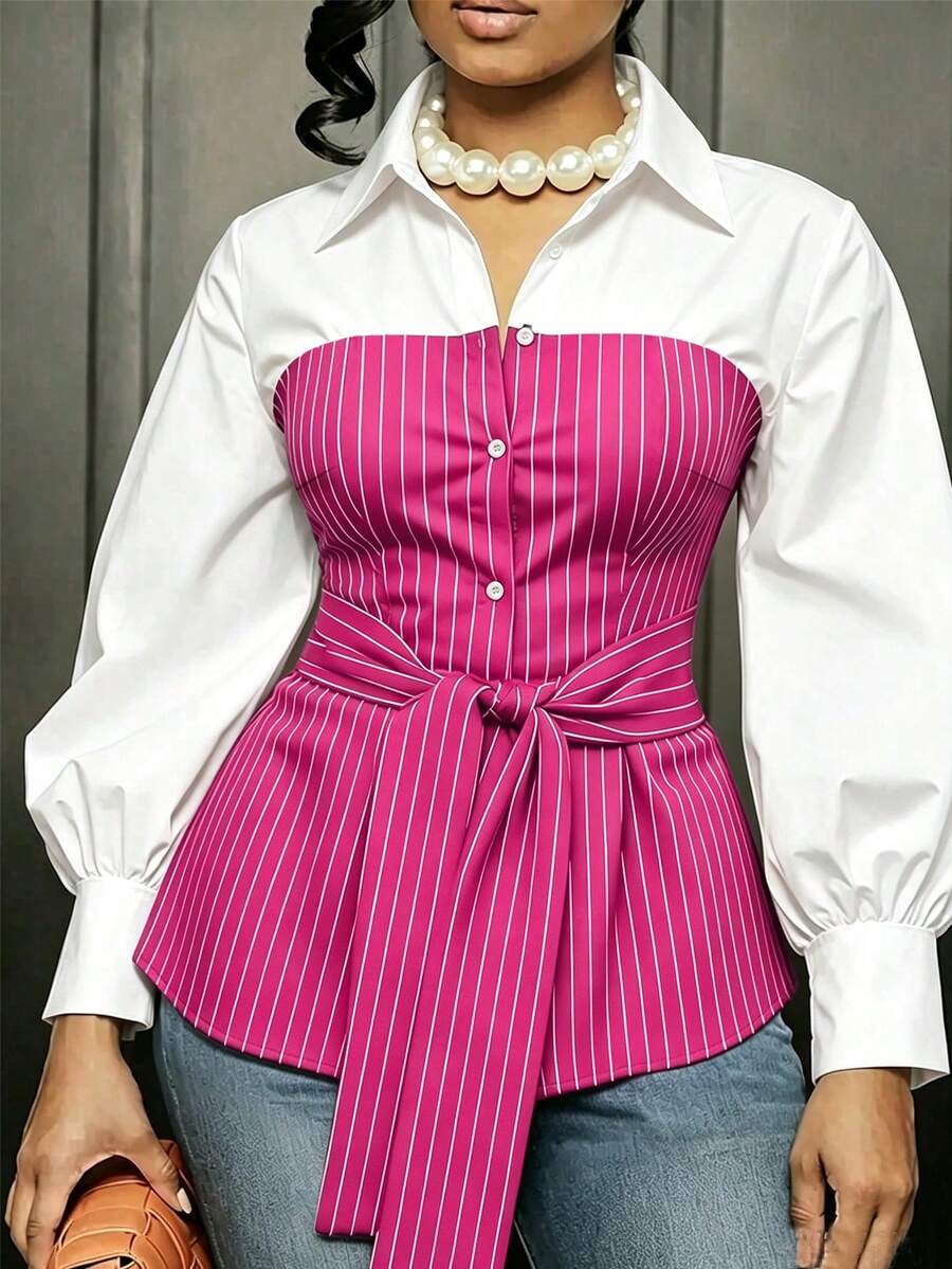 Plus Size Striped Colorblock Tie Waist Shirt