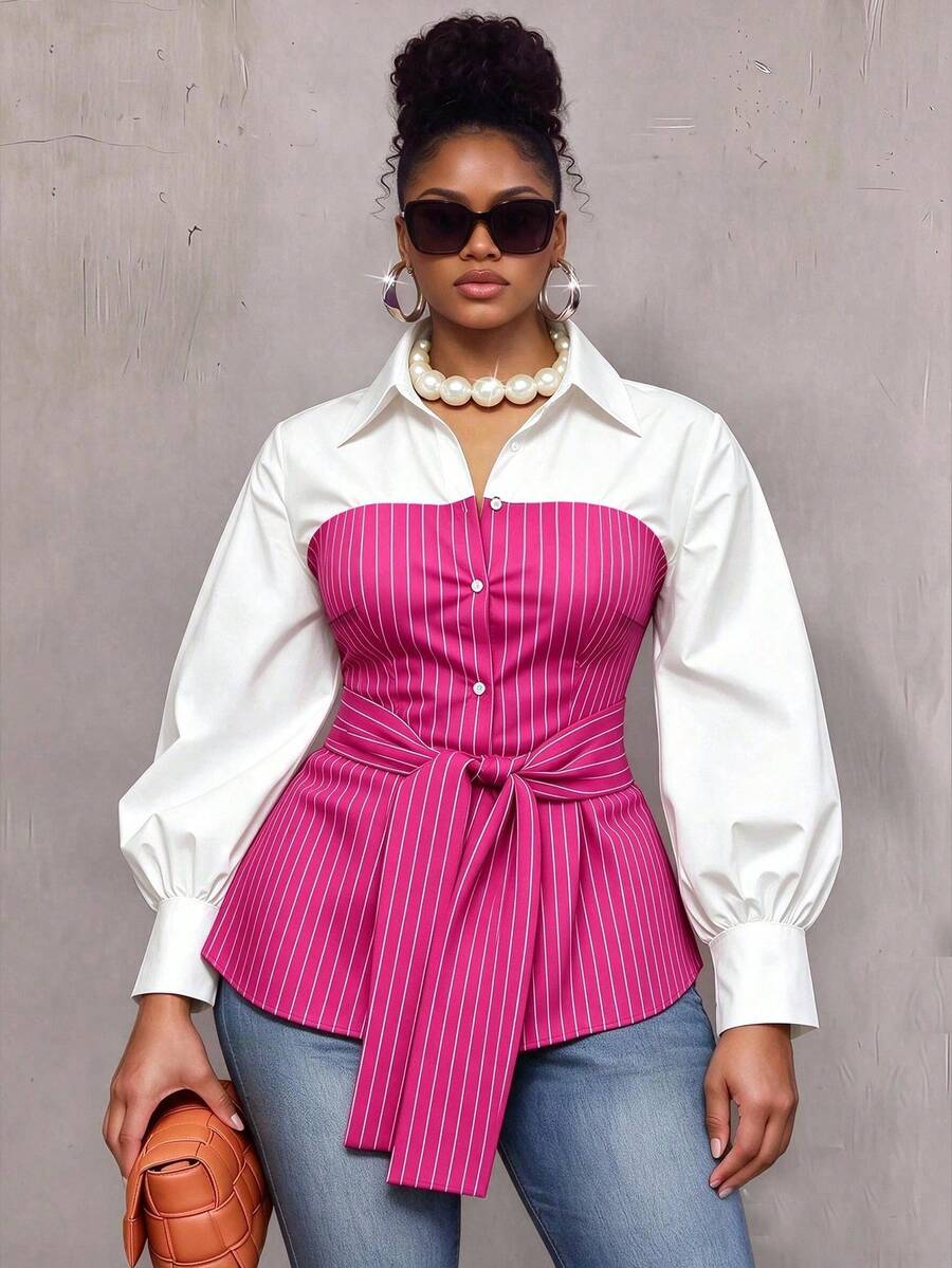 Plus Size Striped Colorblock Tie Waist Shirt
