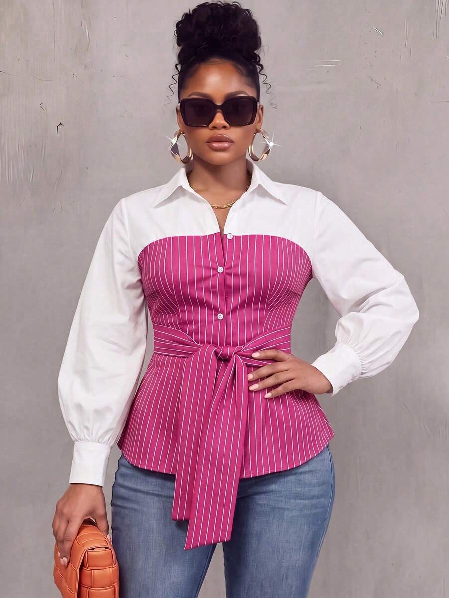 Plus Size Striped Colorblock Tie Waist Shirt