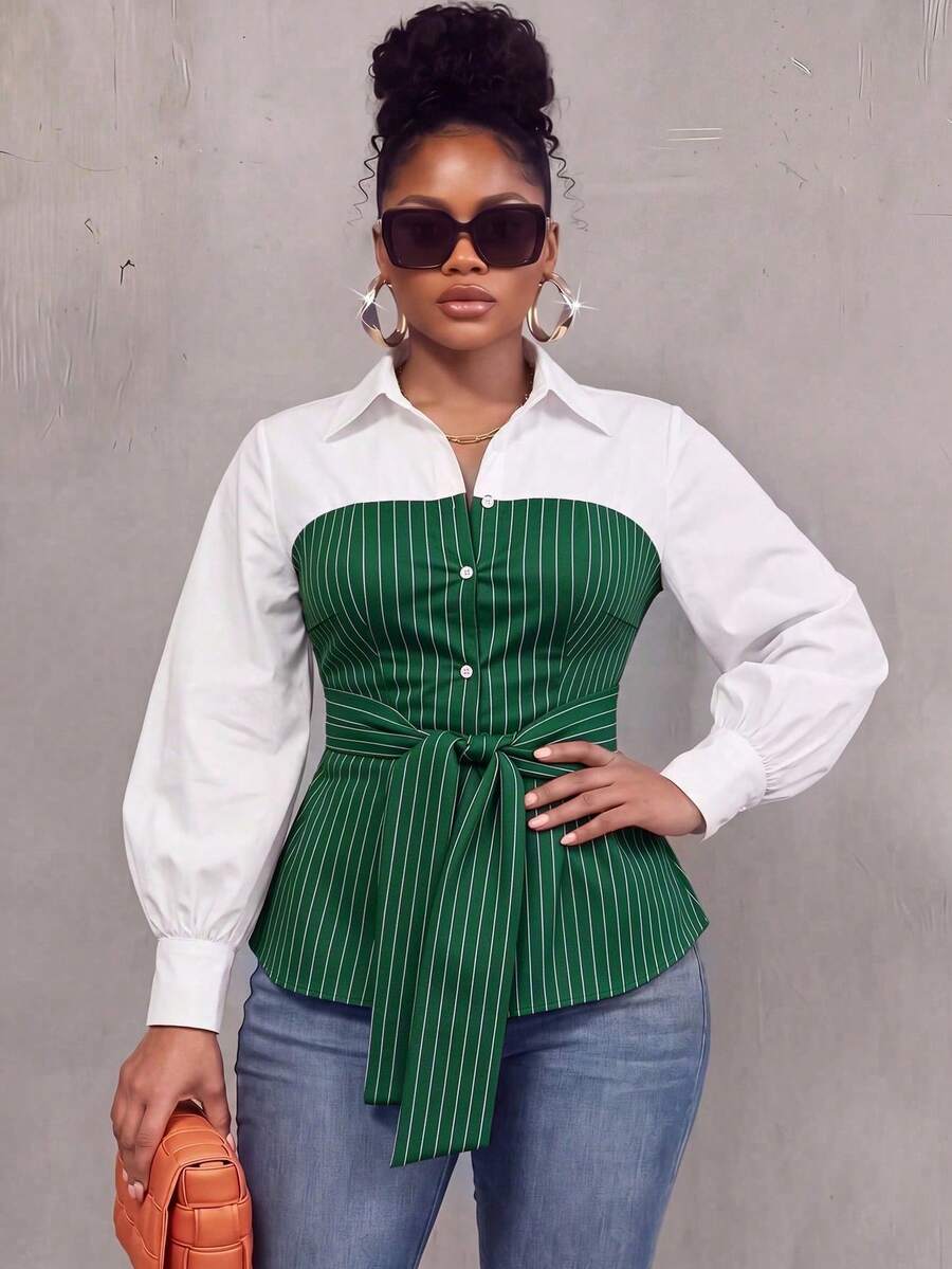 Plus Size Striped Colorblock Tie Waist Shirt