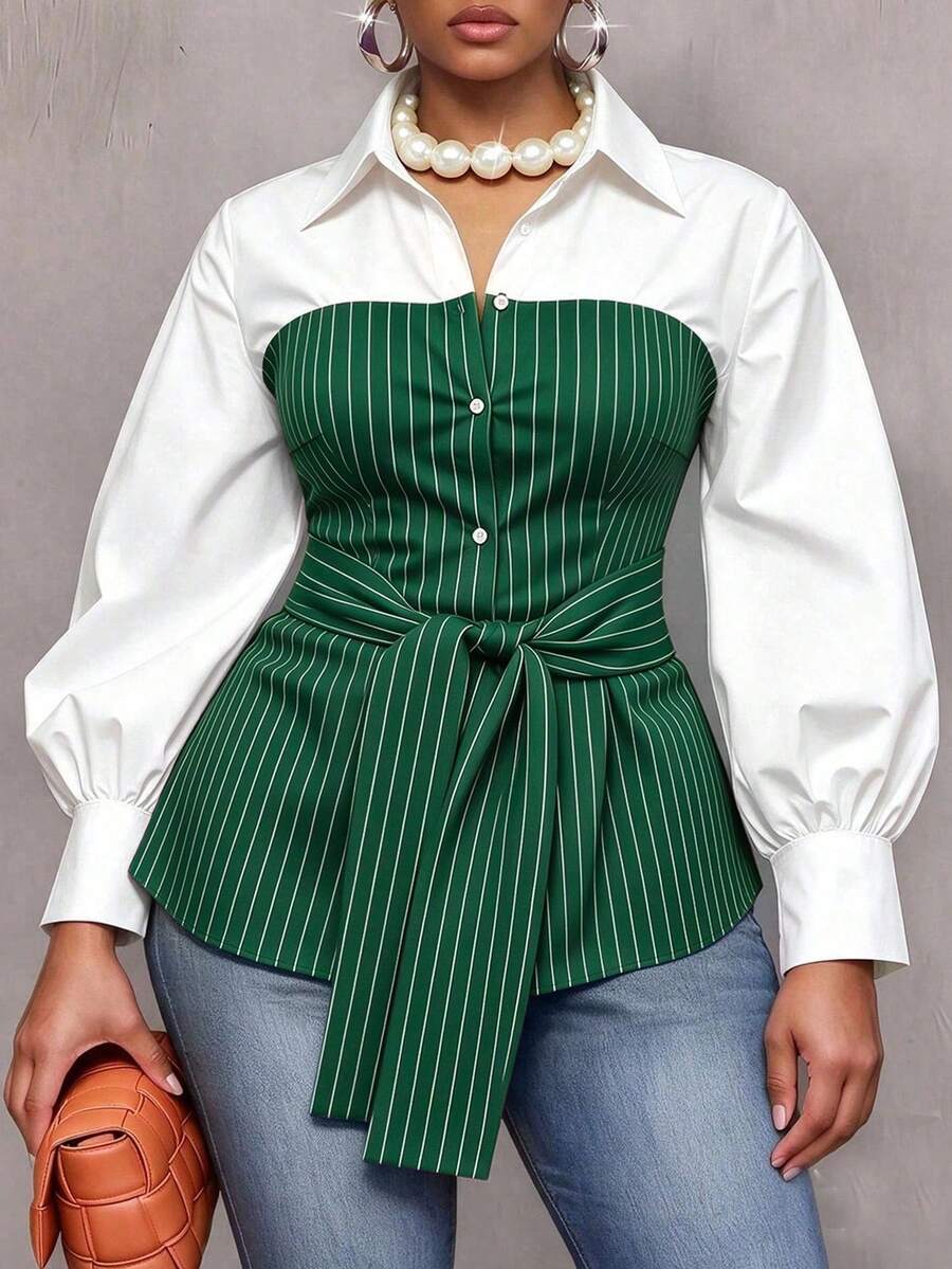 Plus Size Striped Colorblock Tie Waist Shirt