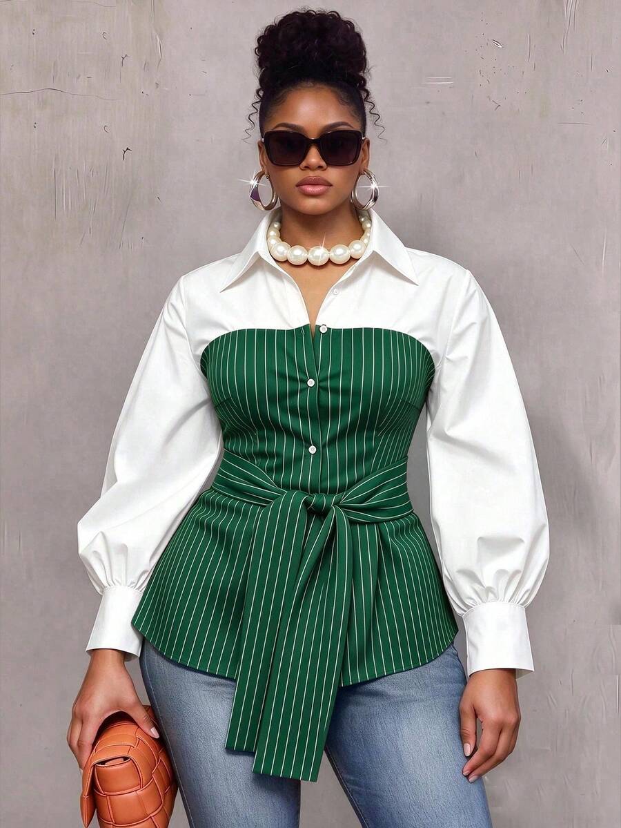 Plus Size Striped Colorblock Tie Waist Shirt