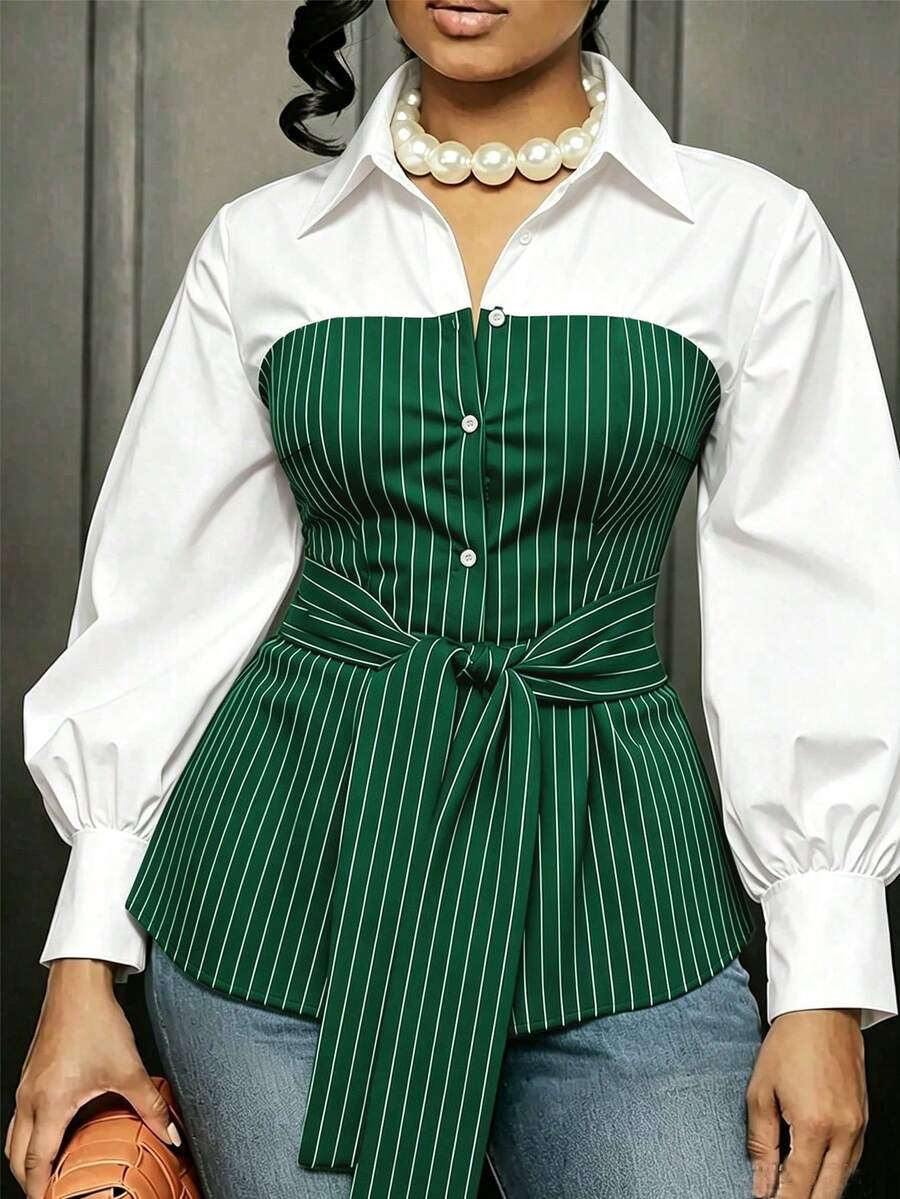 Plus Size Striped Colorblock Tie Waist Shirt