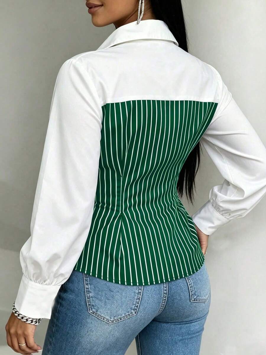 Plus Size Striped Colorblock Tie Waist Shirt