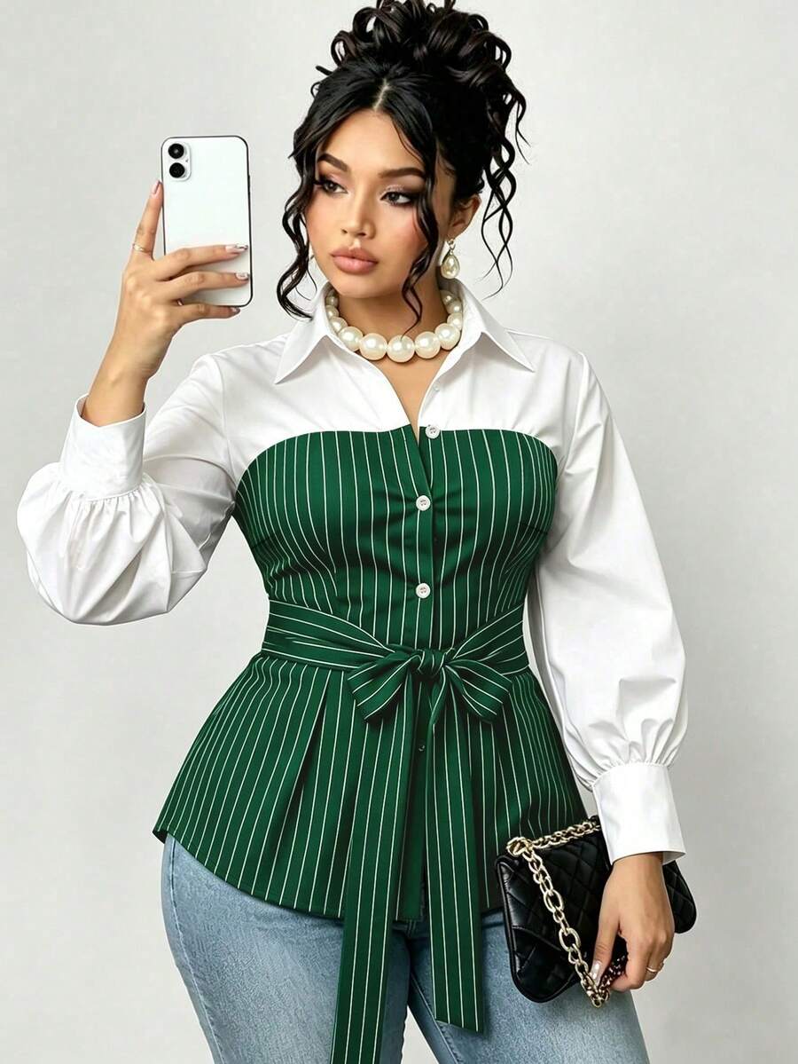 Plus Size Striped Colorblock Tie Waist Shirt