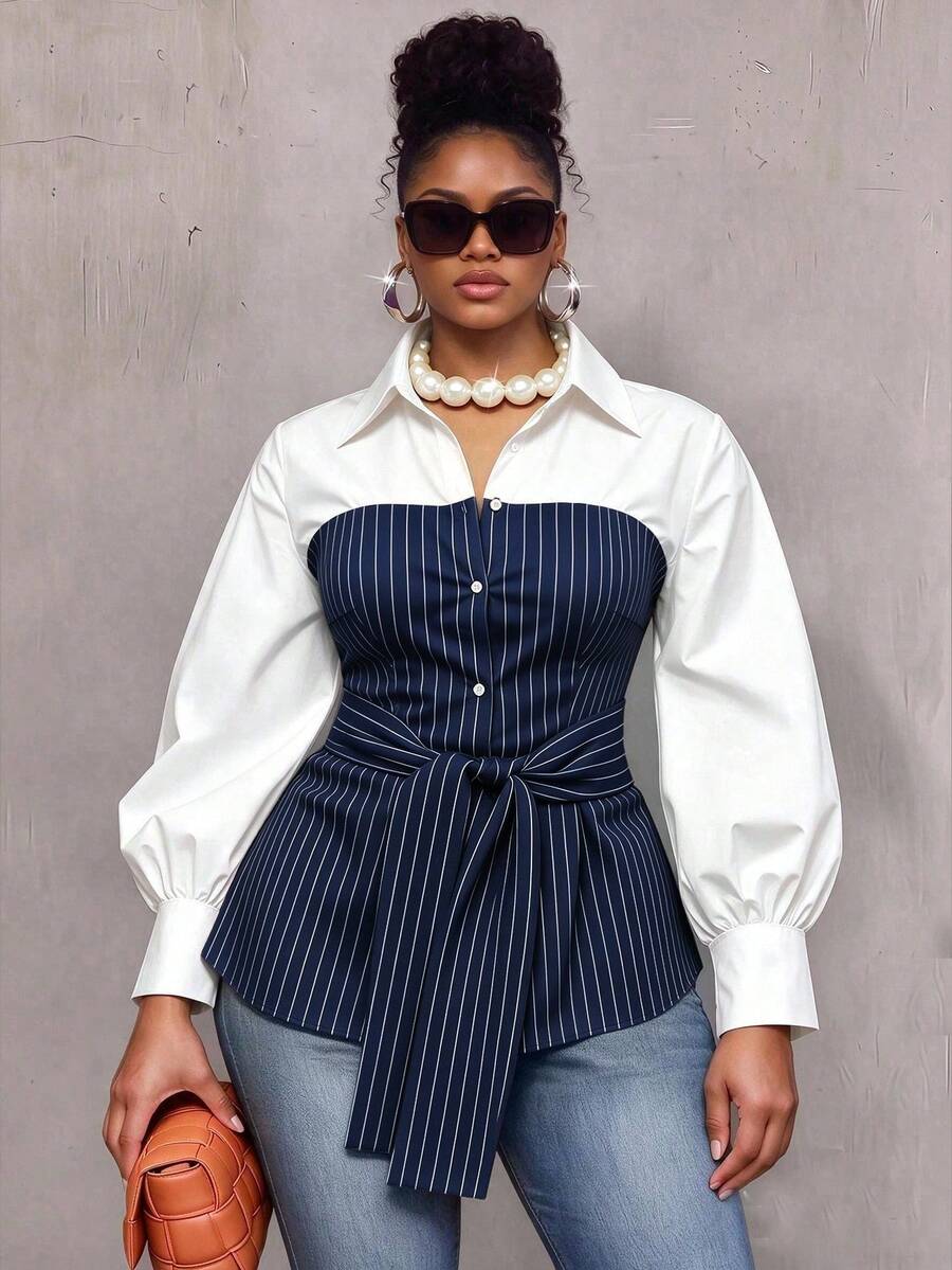 Plus Size Striped Colorblock Tie Waist Shirt