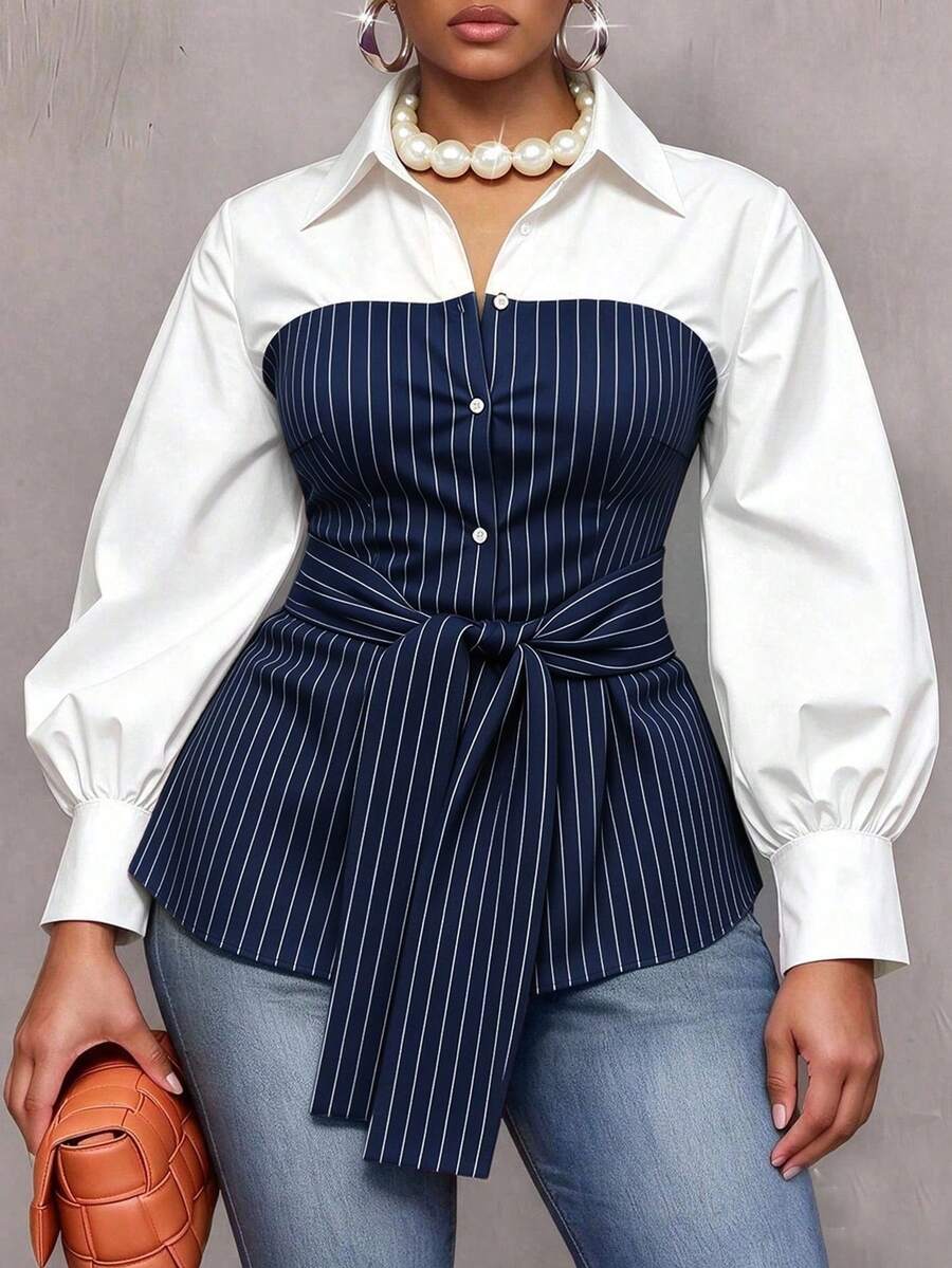 Plus Size Striped Colorblock Tie Waist Shirt