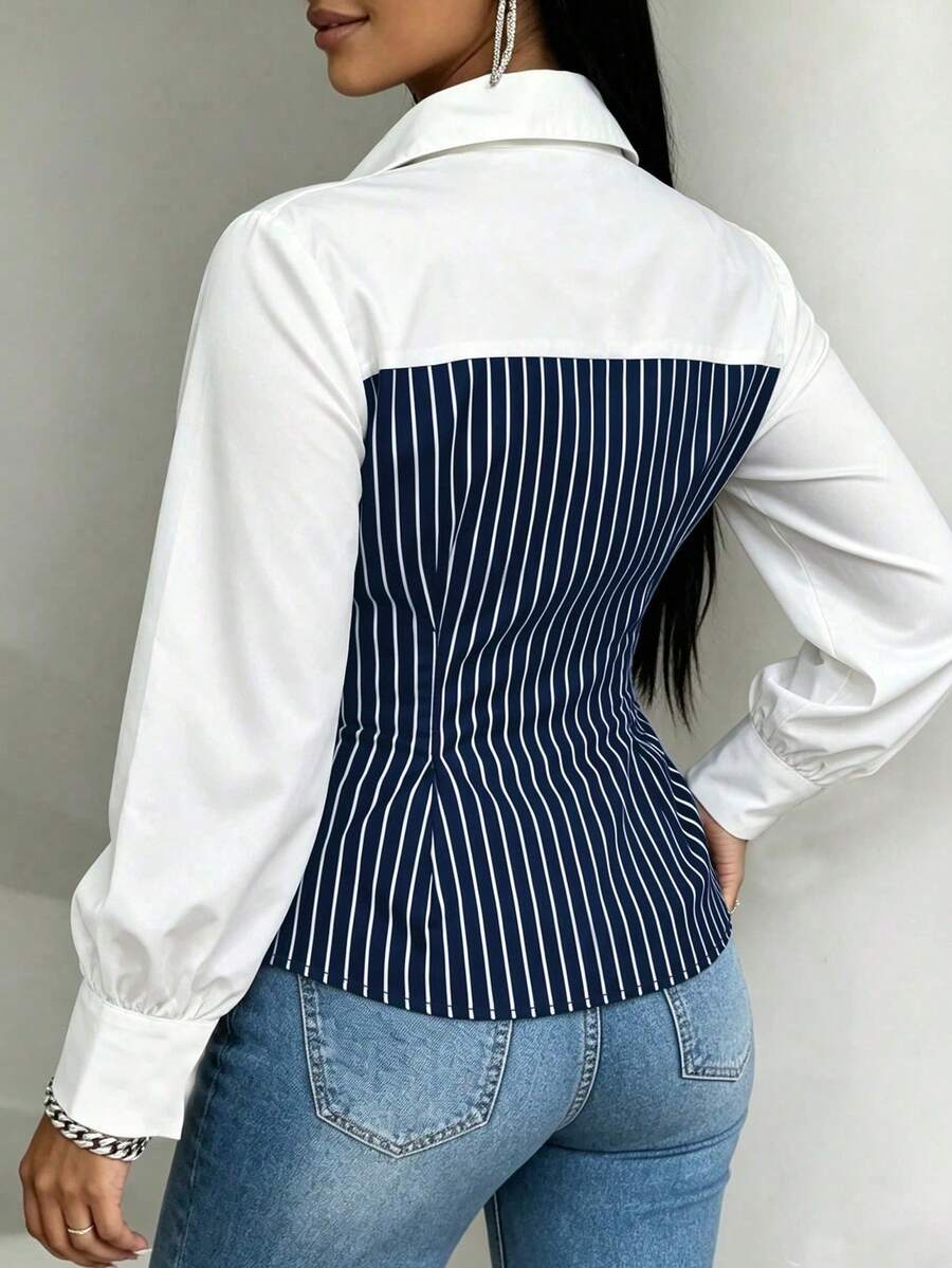 Plus Size Striped Colorblock Tie Waist Shirt