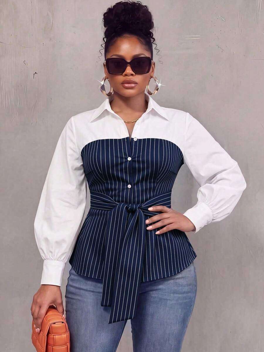 Plus Size Striped Colorblock Tie Waist Shirt