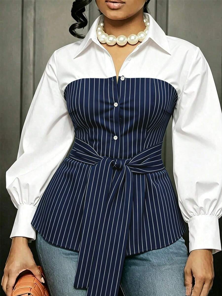 Plus Size Striped Colorblock Tie Waist Shirt