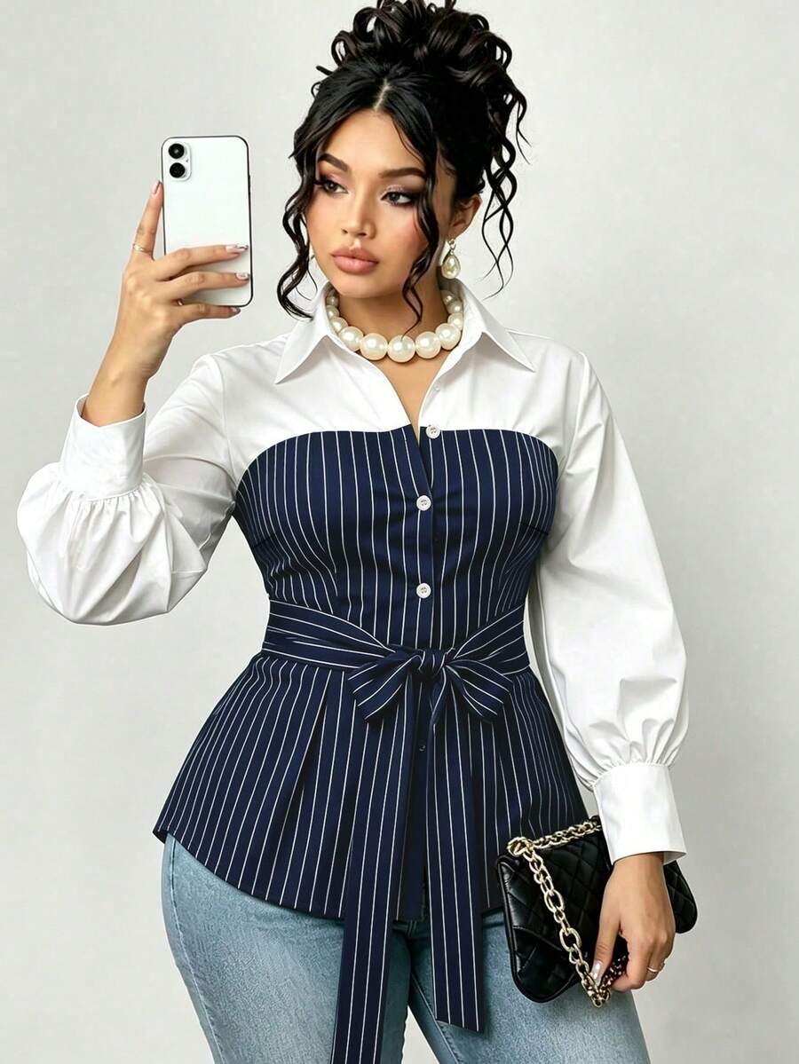 Plus Size Striped Colorblock Tie Waist Shirt