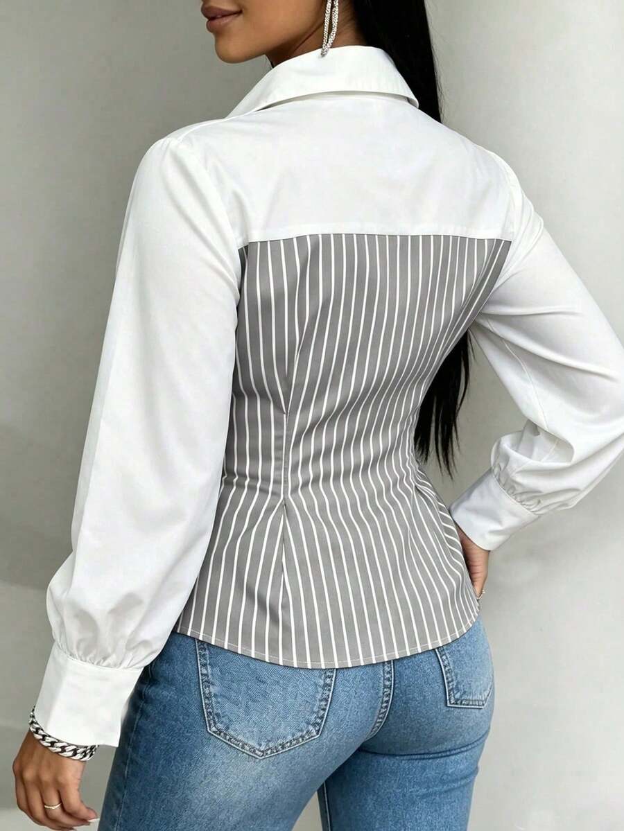 Plus Size Striped Colorblock Tie Waist Shirt