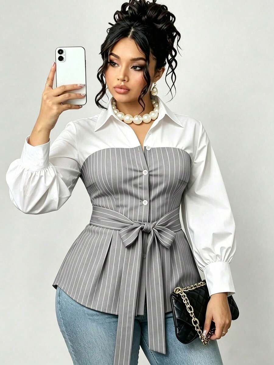 Plus Size Striped Colorblock Tie Waist Shirt