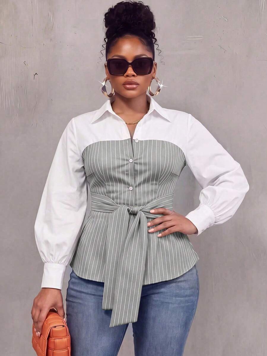 Plus Size Striped Colorblock Tie Waist Shirt