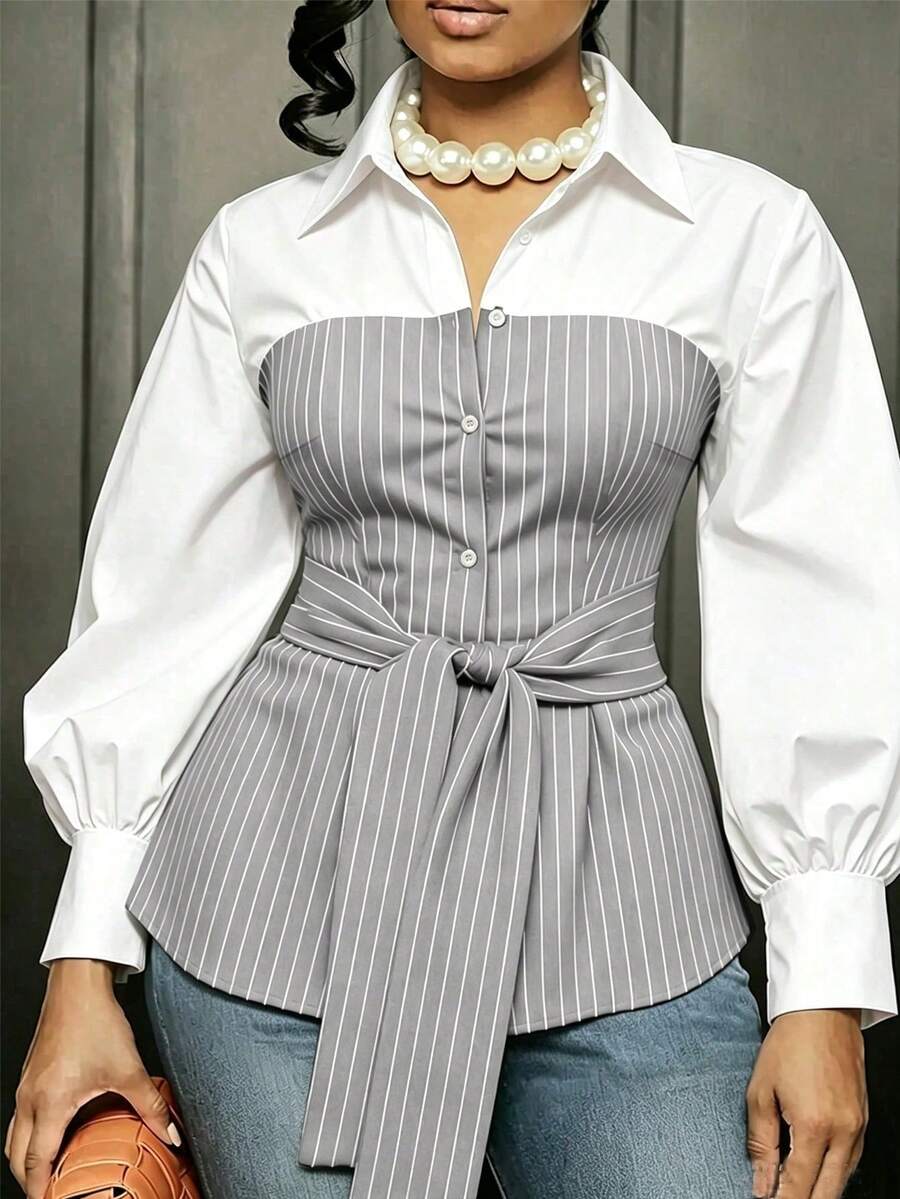 Plus Size Striped Colorblock Tie Waist Shirt