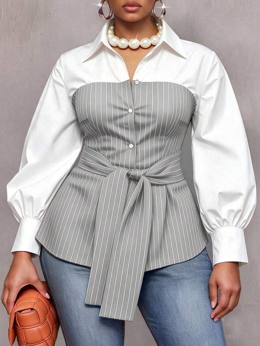 Plus Size Striped Colorblock Tie Waist Shirt