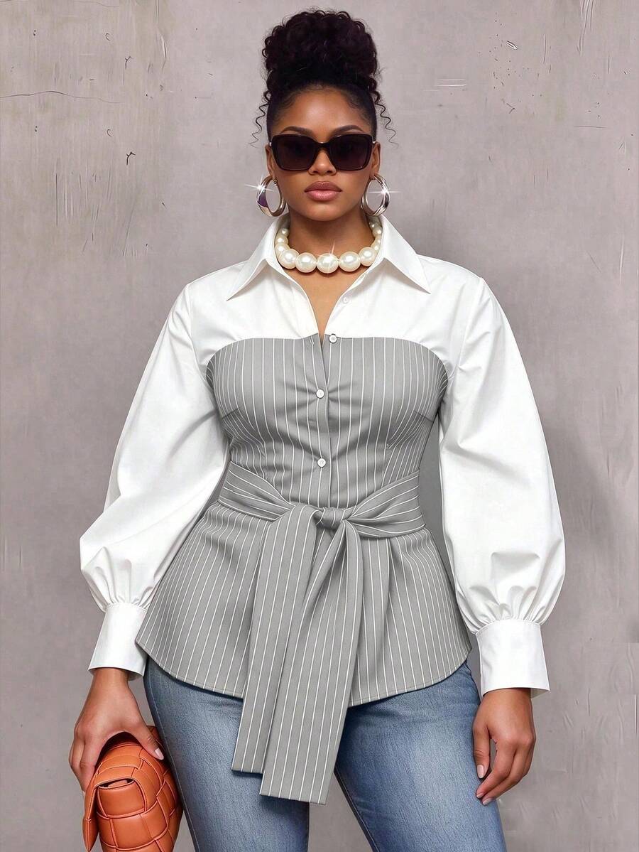 Plus Size Striped Colorblock Tie Waist Shirt