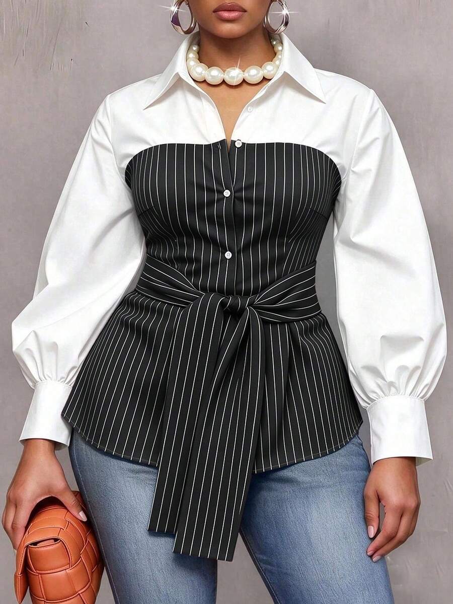 Plus Size Striped Colorblock Tie Waist Shirt