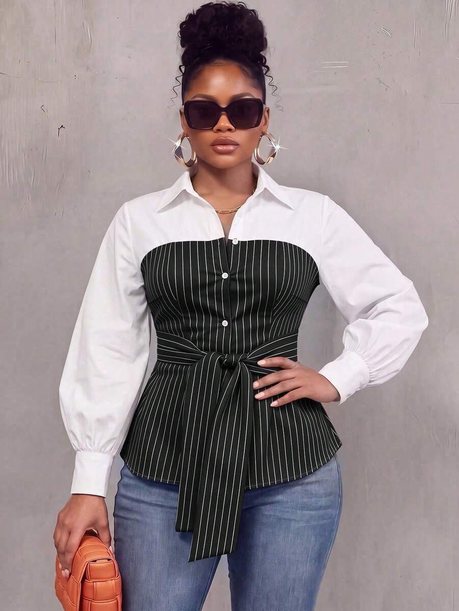 Plus Size Striped Colorblock Tie Waist Shirt