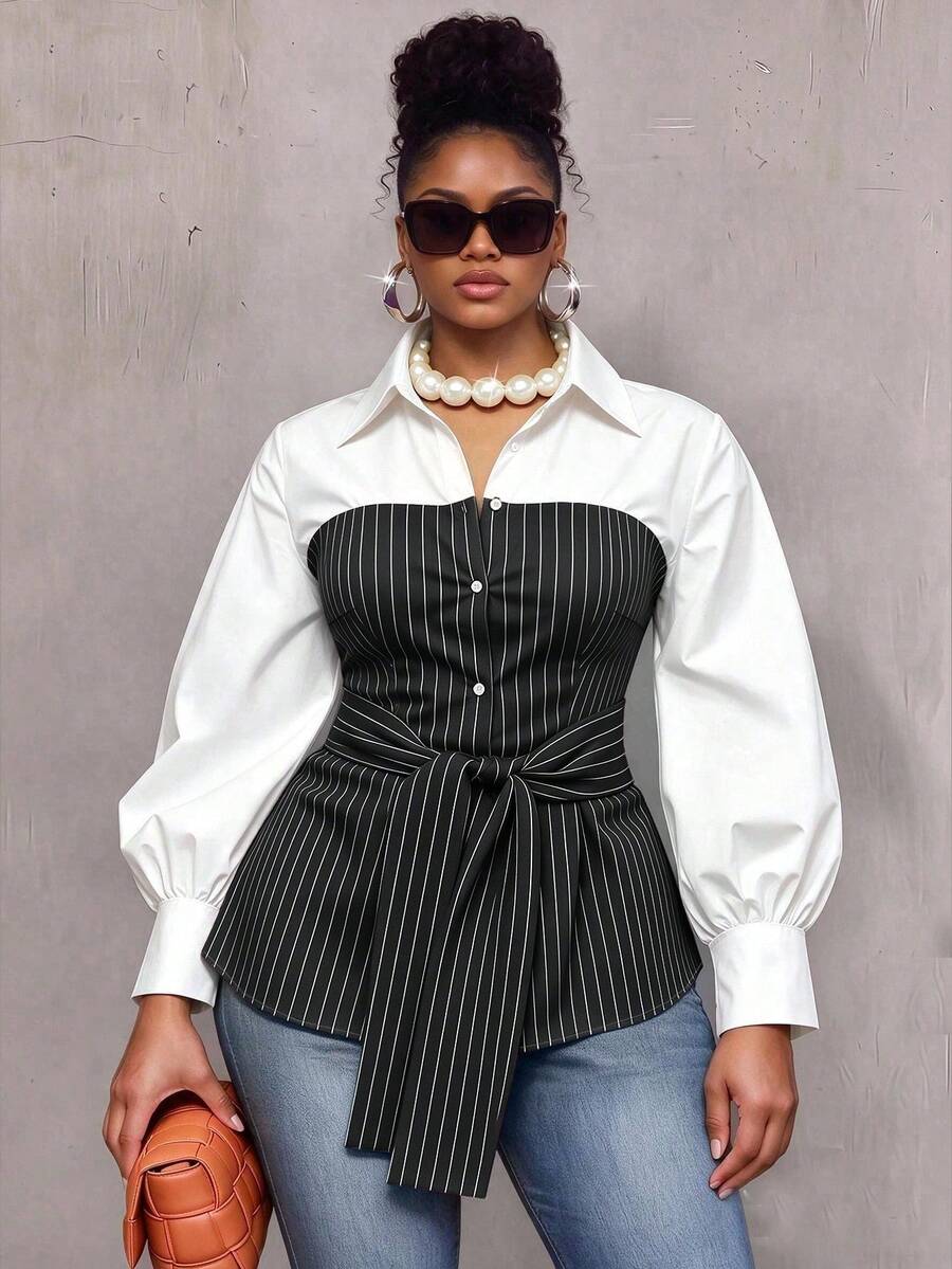 Plus Size Striped Colorblock Tie Waist Shirt
