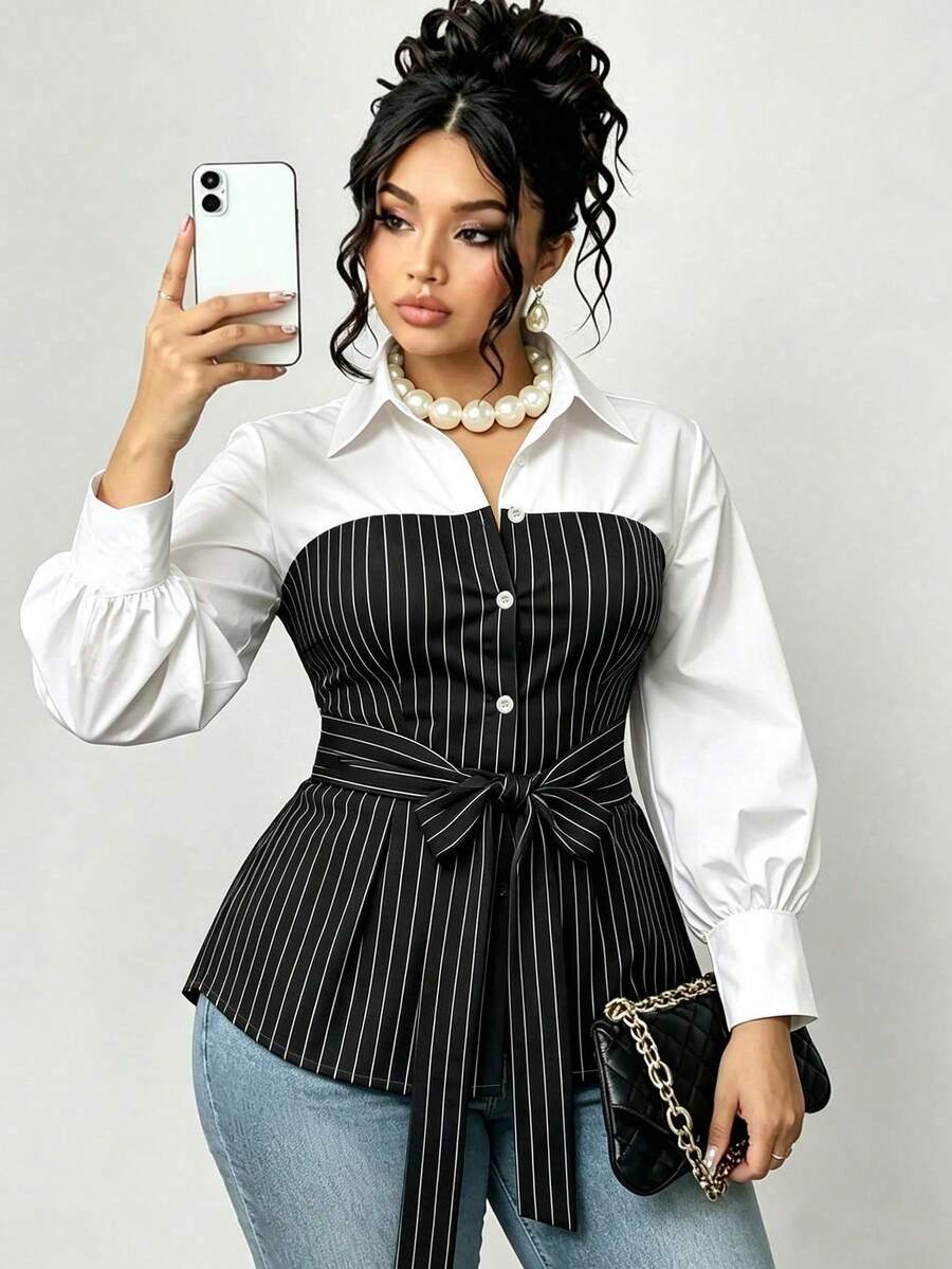 Plus Size Striped Colorblock Tie Waist Shirt