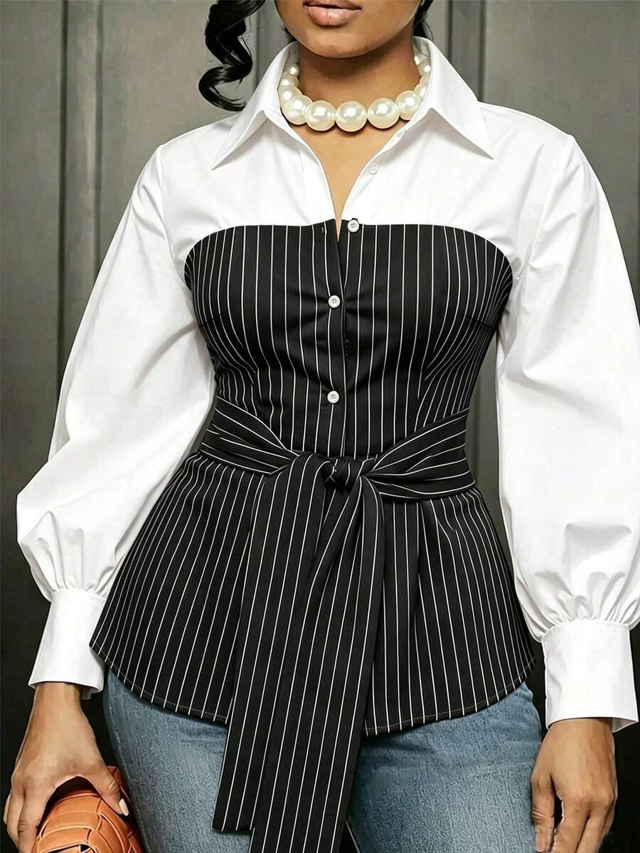 Plus Size Striped Colorblock Tie Waist Shirt