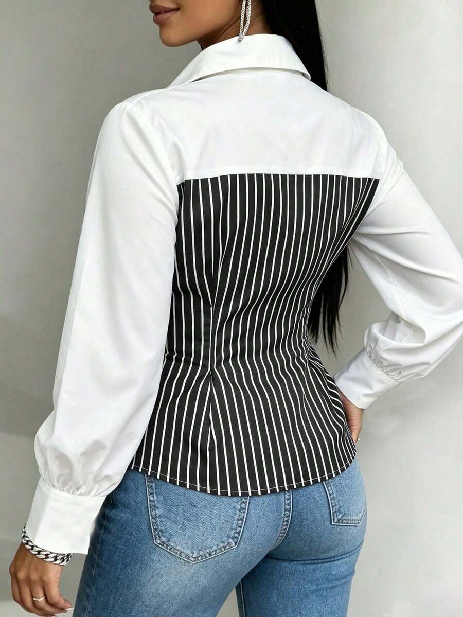 Plus Size Striped Colorblock Tie Waist Shirt