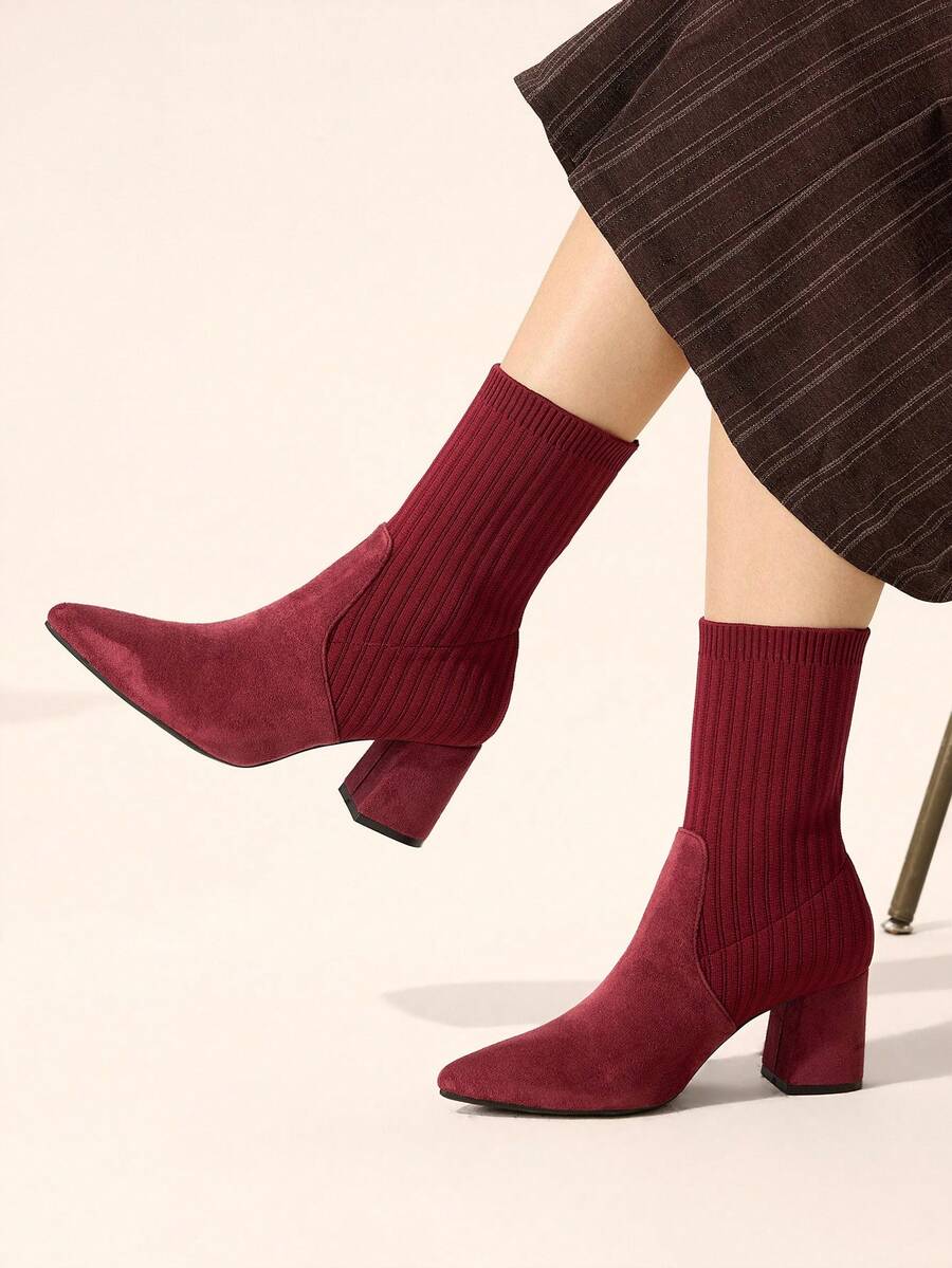 Pointed Toe Stretch Block Heel Ankle Boots